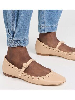 Larroude Blair Broderie Mary Jane Flats Size 6.5 Tan Leather Scalloped NEW $330